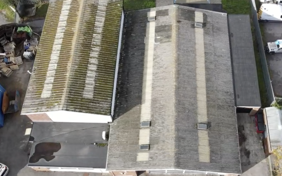 Drone aerial survey of adjacent industrial buildings showing asbestos cement roof condition variation, one roof with heavy moss and algae growth indicating deterioration